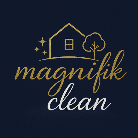 Magnifik Clean Logo mit einem Haus und Baum als Logo die für Gebäudereinigung steht 